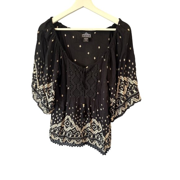 Angie Boho Black Cream Geometric Lace Crochet Top Womens S Rayon Blouse Festival - Picture 4 of 7